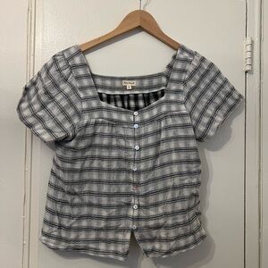 Hem & Thread Sand/Grey Gingham Plaid Square Neck Blouse Medium